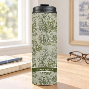 Vintage Green Grey French Country Toile de Jouy Thermal Tumbler