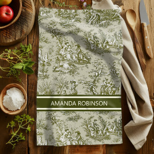 Vintage Green Grey French Toile de Jouy Scenic Tea Towel