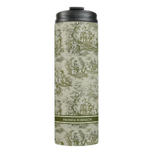 Vintage green grey toile de jouy printed thermal tumbler