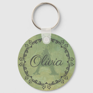 Vintage Green Grunge Monogram and Calligraphy Name Key Ring