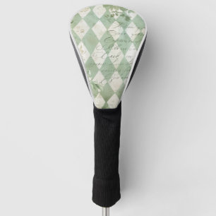 Vintage Green Harlequin Floral Script Golf Head Cover