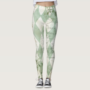 Vintage Green Harlequin Floral Script Leggings