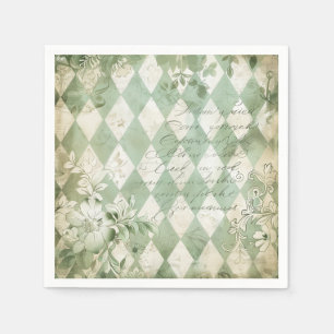 Vintage Green Harlequin Floral Script Napkin