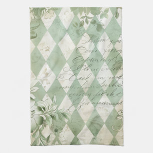 Vintage Green Harlequin Floral Script Tea Towel