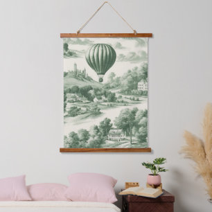 Vintage Green Hot Air Balloon Toile Pattern Hanging Tapestry