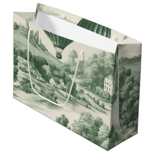 Vintage Green Hot Air Balloon Toile Pattern Large Gift Bag