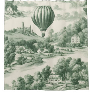 Vintage Green Hot Air Balloon Toile Pattern Shower Curtain