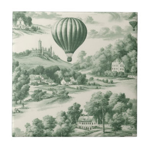 Vintage Green Hot Air Balloon Toile Pattern Tile