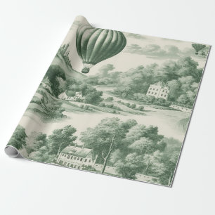 Vintage Green Hot Air Balloon Toile Pattern Wrapping Paper