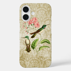 Vintage Green Hummingbird with Pink Flowers iPhone 16 Case