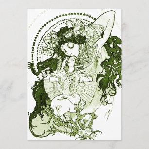 Vintage green lady art invitation