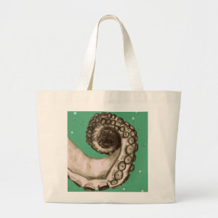 Vintage Green Nautical Octopus Tentacle Large Tote Bag