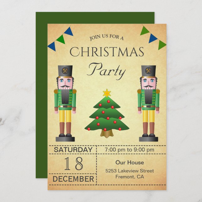 Vintage Green Nutcracker Holiday Christmas Party Invitation (Front/Back)