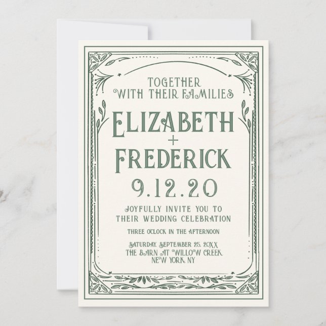 Vintage Green Old Print Wedding Invitation (Front)
