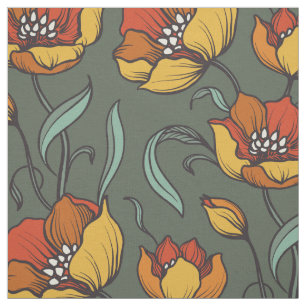 Vintage Green Orange Gold Nostalgic Floral Fabric