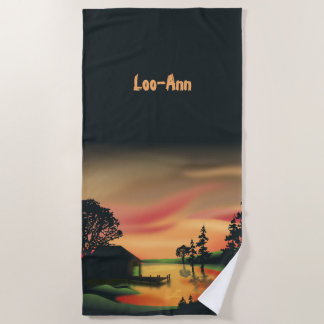 Vintage Green Orange Red Landscape Sunset  Beach Towel