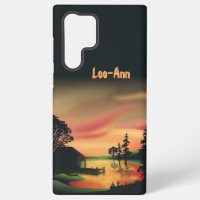 Vintage Green Orange Red Landscape Sunset 
