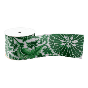 Vintage Green Ornamental Floral Pattern Grosgrain Ribbon
