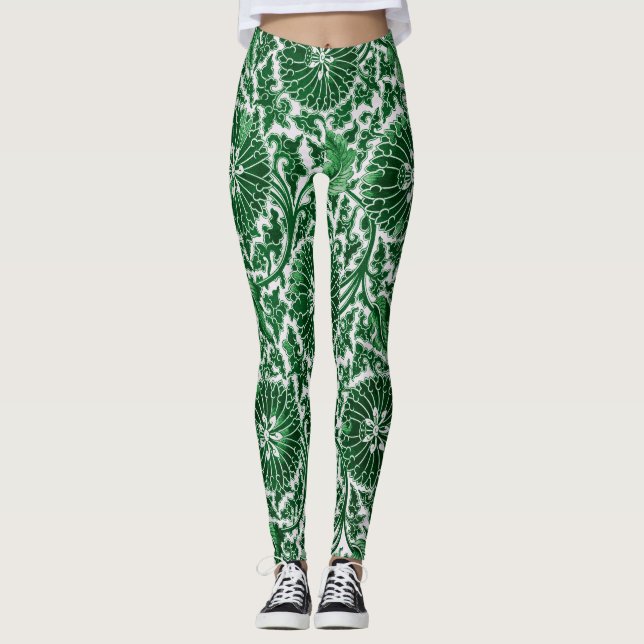 Vintage Green Ornamental Floral Pattern Leggings (Front)
