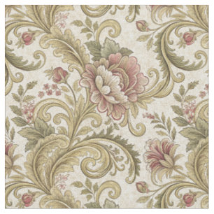Vintage Green & Peach Floral Scroll Damask Design Fabric