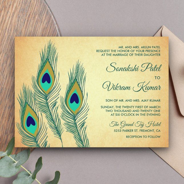 Vintage Green Peacock Feathers Indian Wedding Invitation (Creator Uploaded)