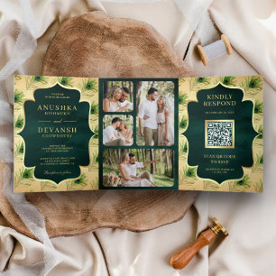 Vintage Green Peacock Feathers QR Code Wedding Tri-Fold Invitation