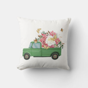 Vintage Green Pickup Truck Watercolor Flowers Cushion