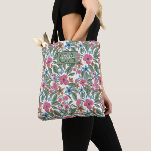 Vintage Green Pink Blue Watercolor Floral Pattern Tote Bag