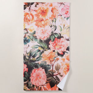 Vintage green pink coral watercolor roses floral. beach towel