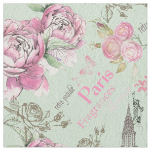 Vintage green pink floral collage typography fabric