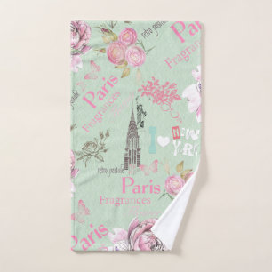 Vintage green pink floral collage typography hand towel