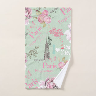 Vintage green pink floral collage typography hand towel