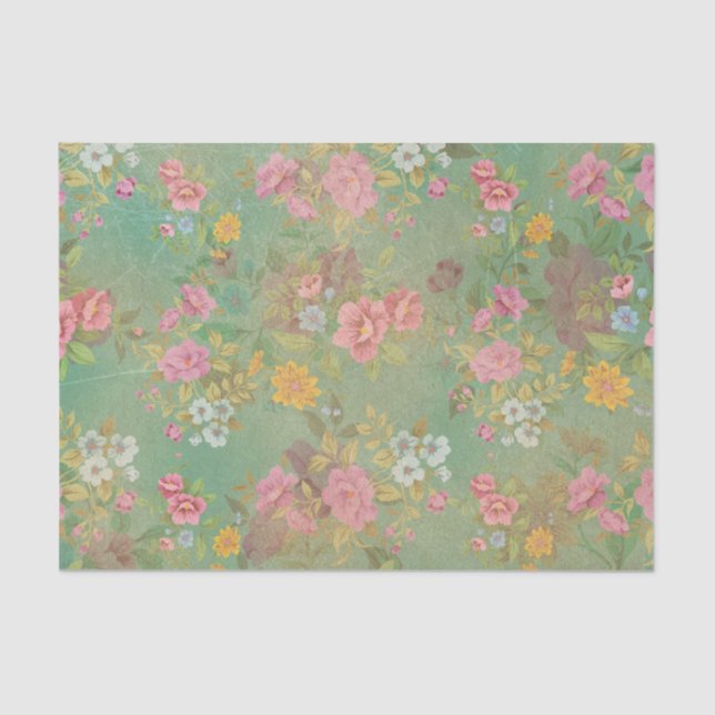 Vintage Green Pink Floral Decoupage Tissue Paper (Front)