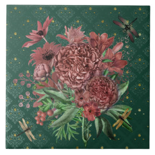 Vintage Green Pink Floral Dragonflies Tile