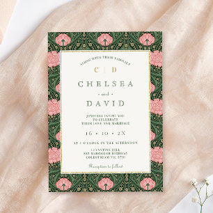 Vintage Green Pink Floral William Morris Wedding  Invitation