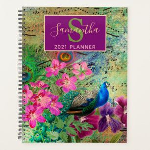 Vintage Green, pink & Gold floral Peacock Planner