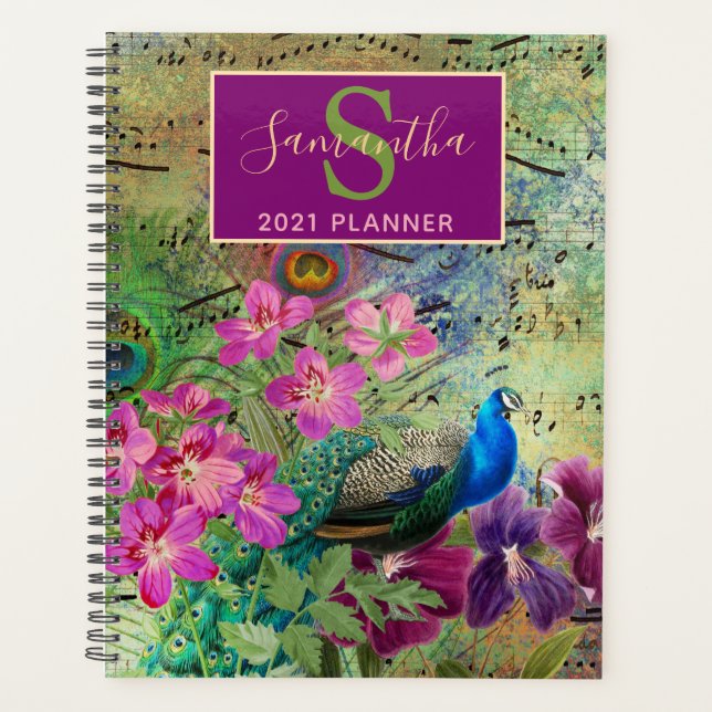 Vintage Green, pink & Gold floral Peacock Planner (Front)