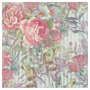 Vintage green pink grunge stripes bird floral fabric