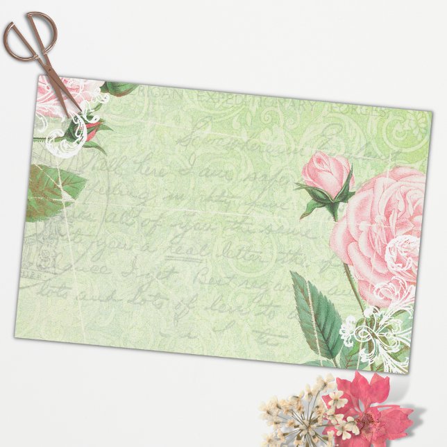 Vintage Green Pink Rose Old Letter Tissue Paper (Creator Uploaded)