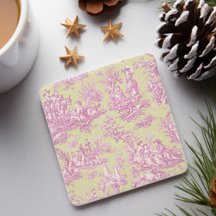 Vintage Green Pink Toile de Jouy Cottage Decor Stone Coaster