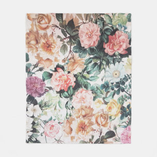 Vintage green pink yellow country chic floral fleece blanket