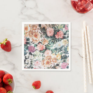 Vintage green pink yellow watercolor roses floral. napkin