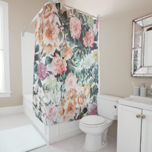 Vintage green pink yellow watercolor roses floral. shower curtain