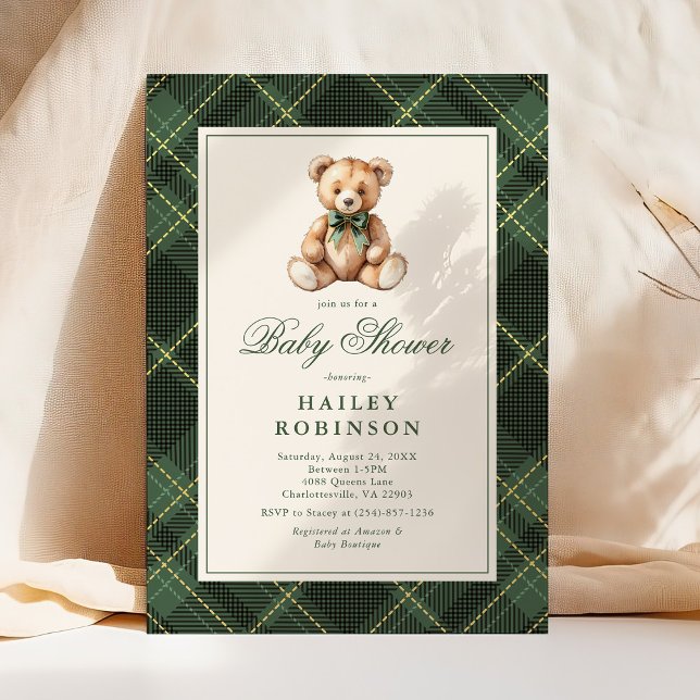 Vintage Green Plaid Classic Teddy Bear Baby Shower Invitation (Creator Uploaded)
