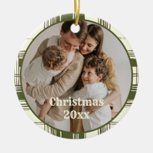 Vintage Green Plaid Family Photo Christmas Ceramic Tree Decoration