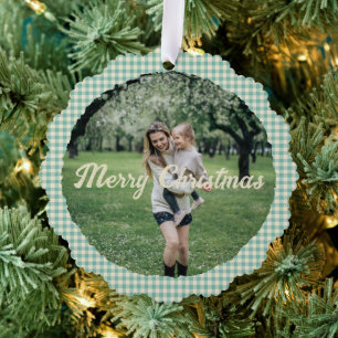 Vintage Green Plaid Gingham Rustic Photo Christmas Tree Decoration Card
