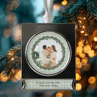 Vintage Green Plaid Photo Christmas Silver Plated Banner Ornament
