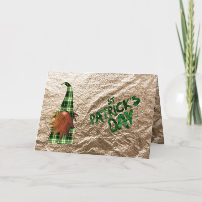 Vintage Green plaid St Patrick Gnome Card (Front)