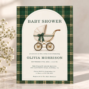 Vintage Green Plaid Tartan Stroller Baby Shower Invitation