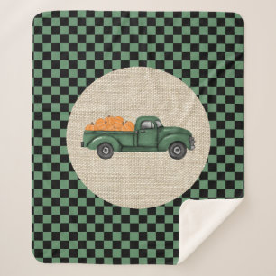 Vintage Green Pumpkin Truck Sherpa Blanket